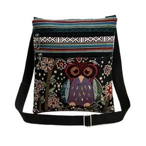 Black Embroidered Tote Owl Floral Purse Colorful Crossbody Bag Zipper Pocket NEW